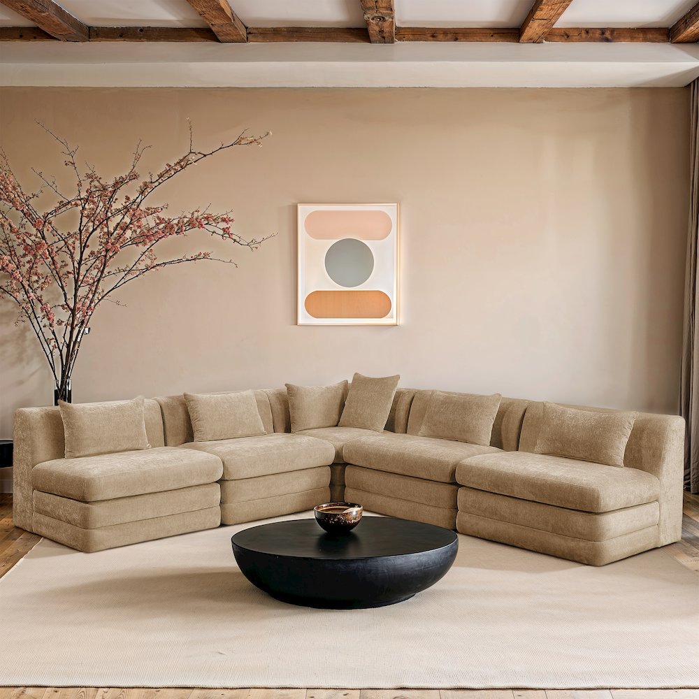 Stellar 114" Beige Chenille Fabric Upholstered 5Pc. Modular Sectional