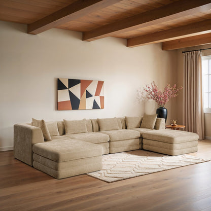 Stellar 152" Beige Chenille Fabric Upholstered 6Pc. Modular Sectional