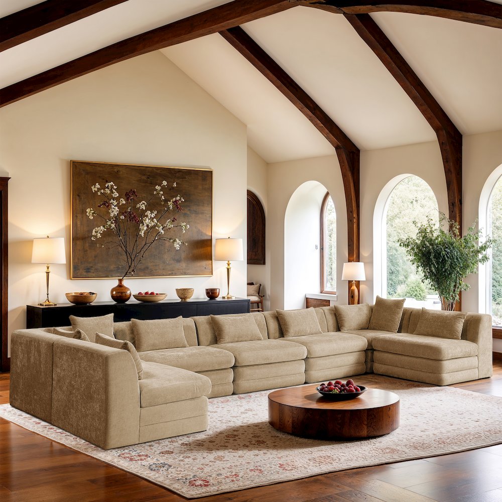 Stellar 190" Beige Chenille Fabric Upholstered 7Pc. Modular Sectional