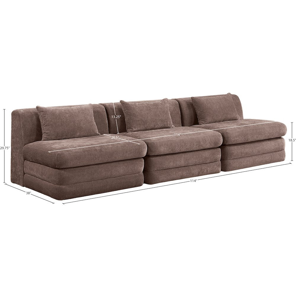 Stellar 114" Brown Chenille Fabric Upholstered 3pc. Modular Sofa
