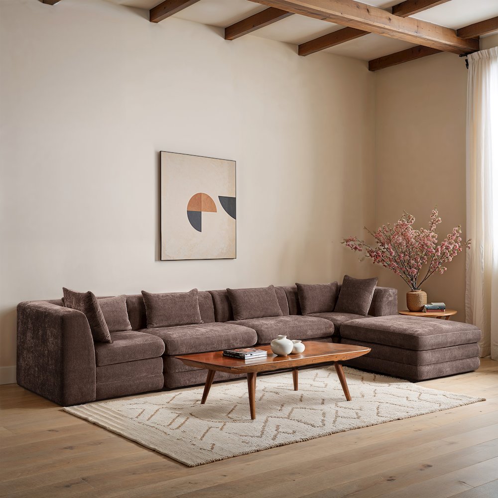 Stellar 152" Brown Chenille Fabric Upholstered 5Pc. Modular Sectional