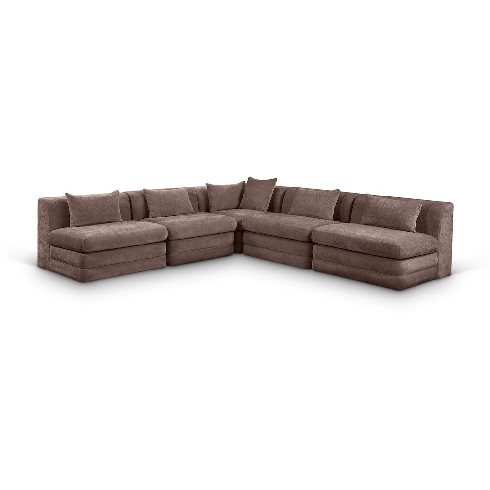 Stellar 114" Brown Chenille Fabric Upholstered 5Pc. Modular Sectional