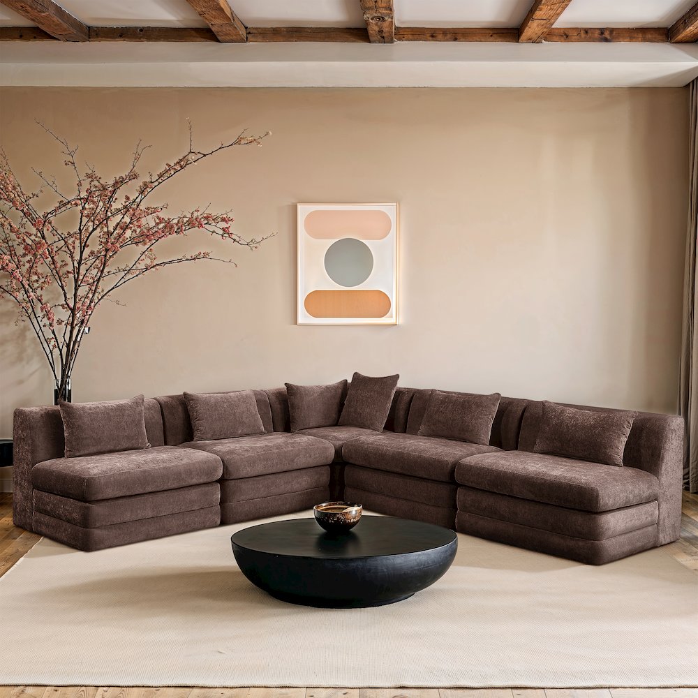 Stellar 114" Brown Chenille Fabric Upholstered 5Pc. Modular Sectional