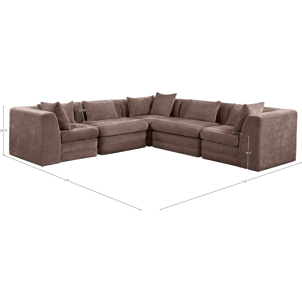 Stellar 114" Brown Chenille Fabric Upholstered 5Pc. Modular Sectional