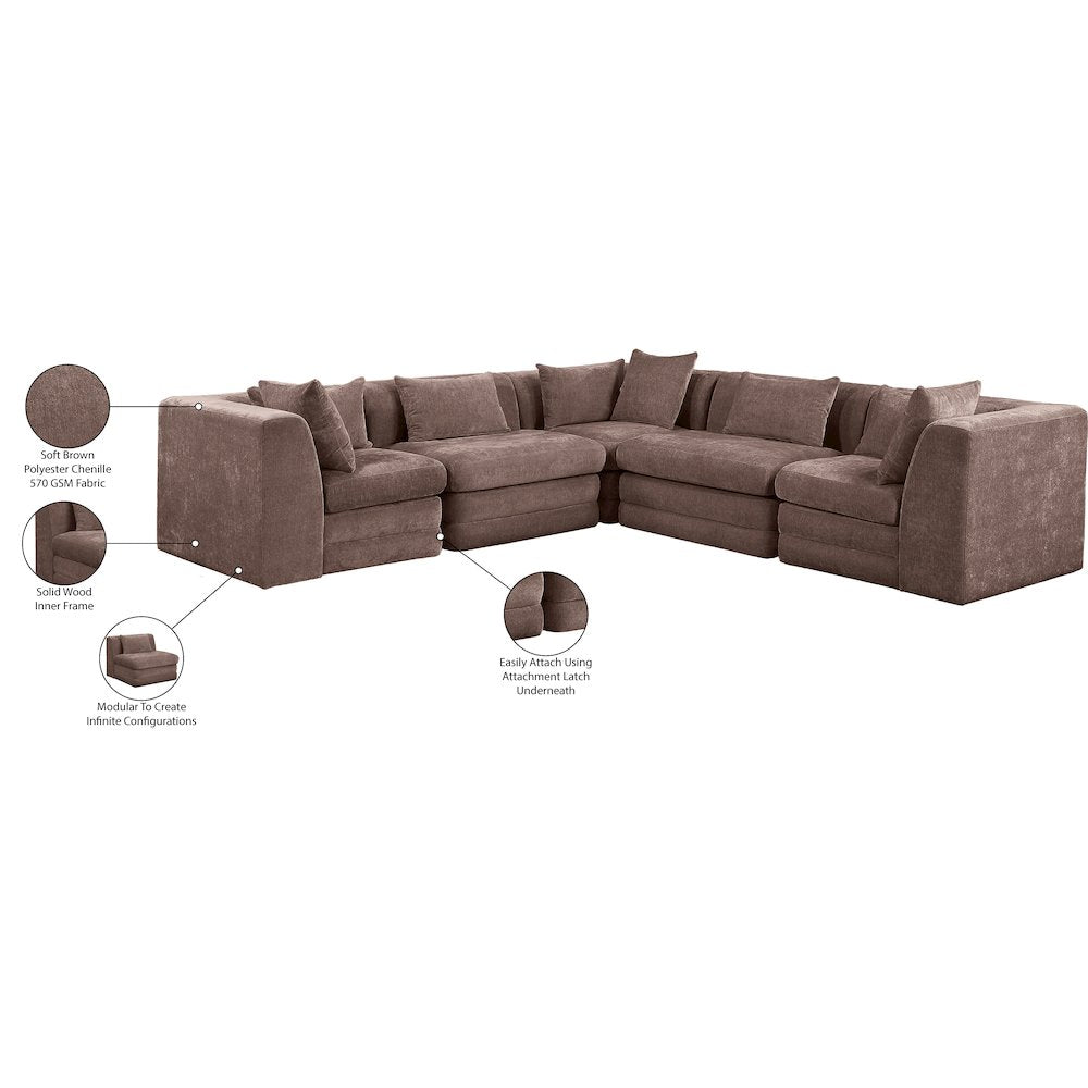 Stellar 114" Brown Chenille Fabric Upholstered 5Pc. Modular Sectional