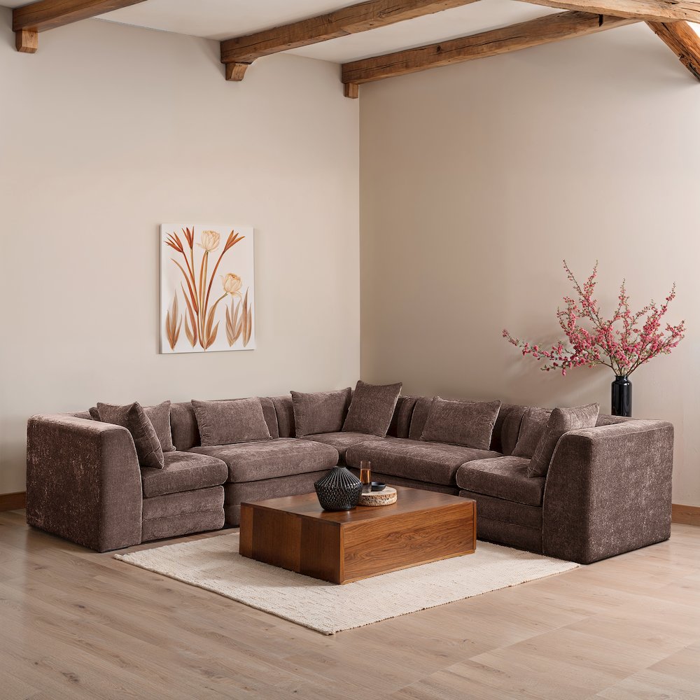 Stellar 114" Brown Chenille Fabric Upholstered 5Pc. Modular Sectional
