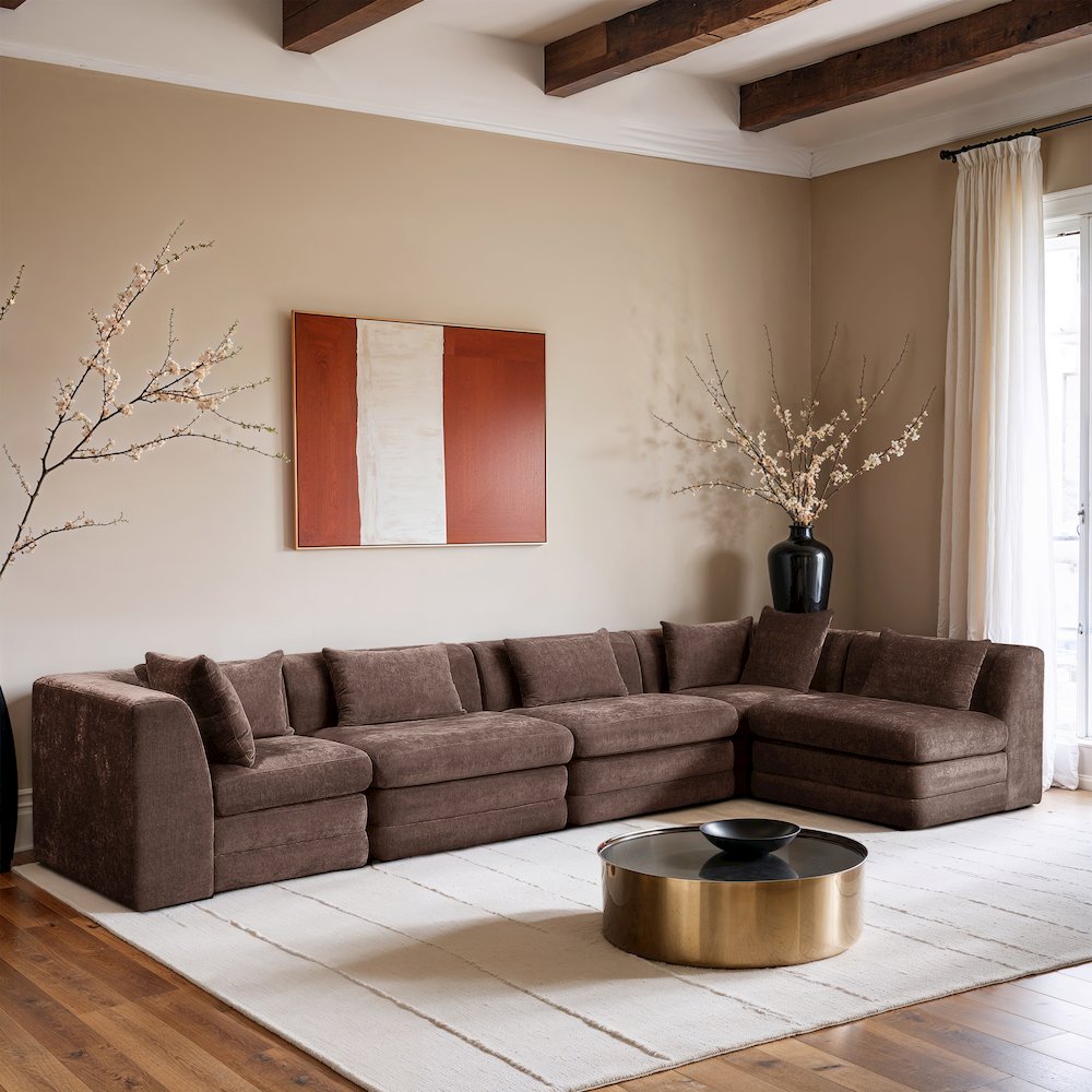 Stellar 152" Brown Chenille Fabric Upholstered 5Pc. Modular Sectional