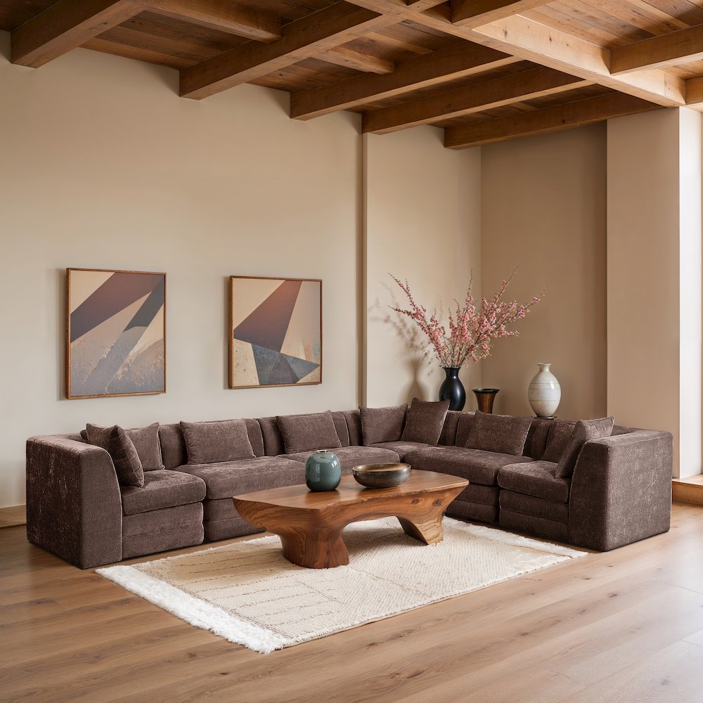 Stellar 152" Brown Chenille Fabric Upholstered 6Pc. Modular Sectional