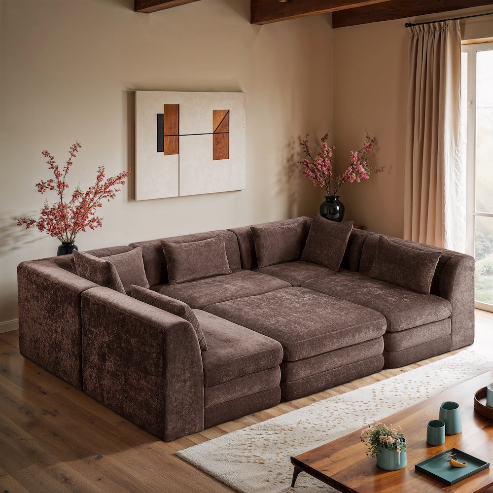 Stellar 114" Brown Chenille Fabric Upholstered 6Pc. Modular Sectional