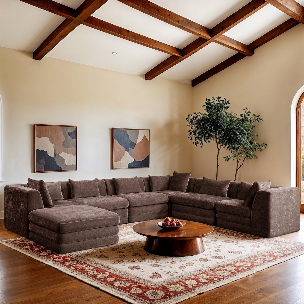 Stellar 152" Brown Chenille Fabric Upholstered 7Pc. Modular Sectional