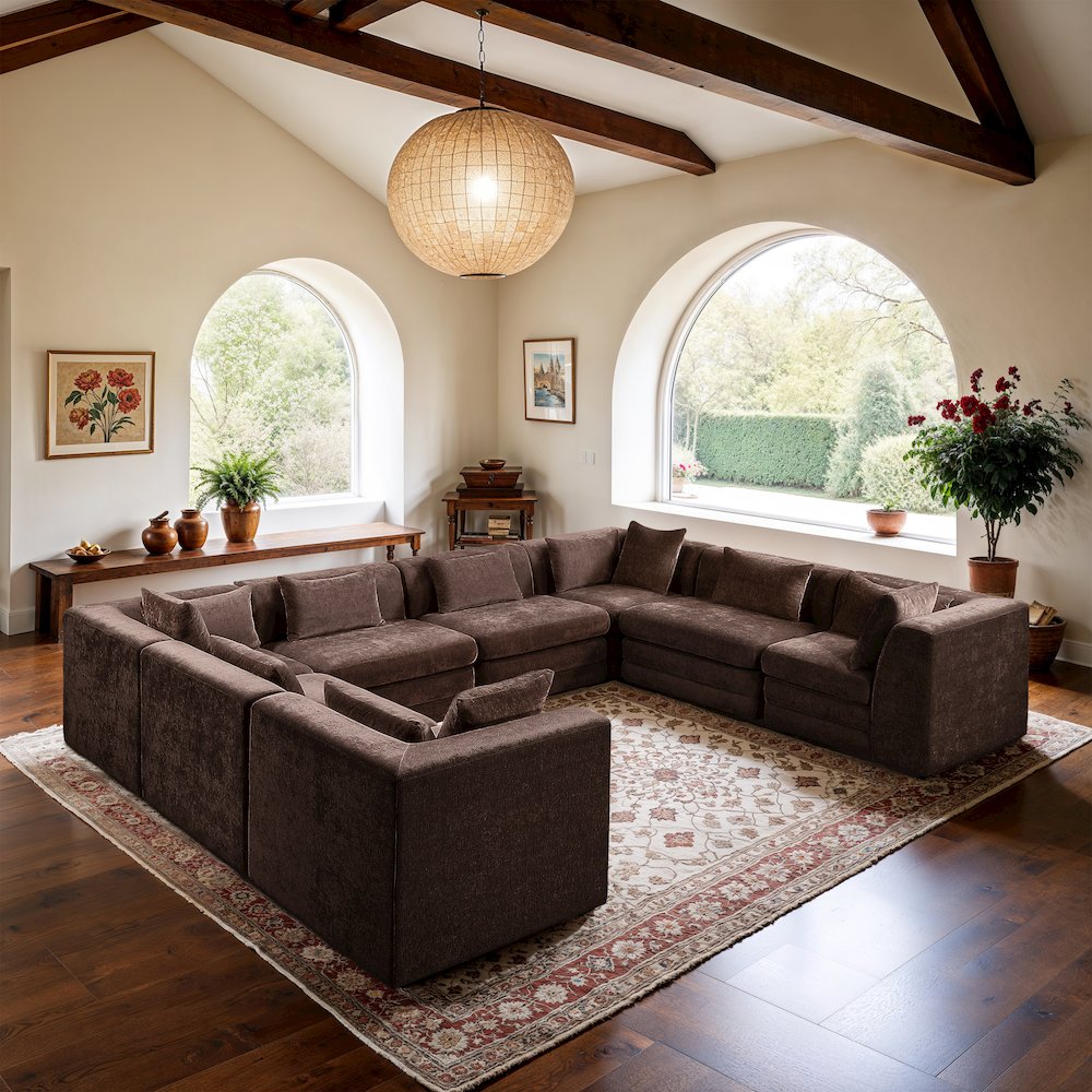 Stellar 152" Brown Chenille Fabric Upholstered 8Pc. Modular Sectional