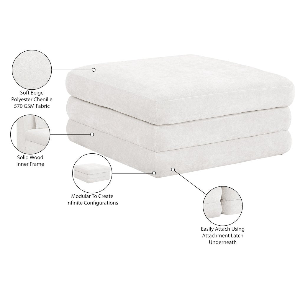 Stellar Cream Chenille Fabric Upholstered Modular Ottoman