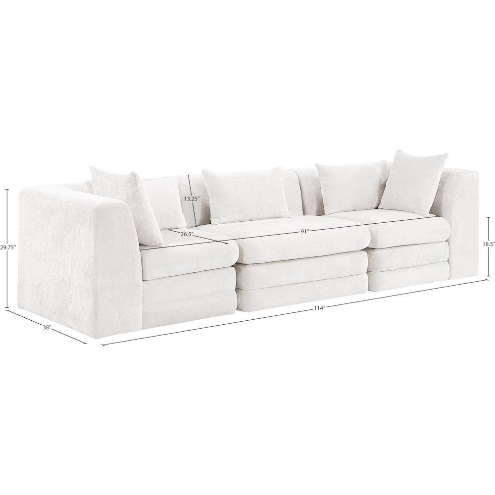 Stellar 114" Cream Chenille Fabric Upholstered 3pc. Modular Sofa