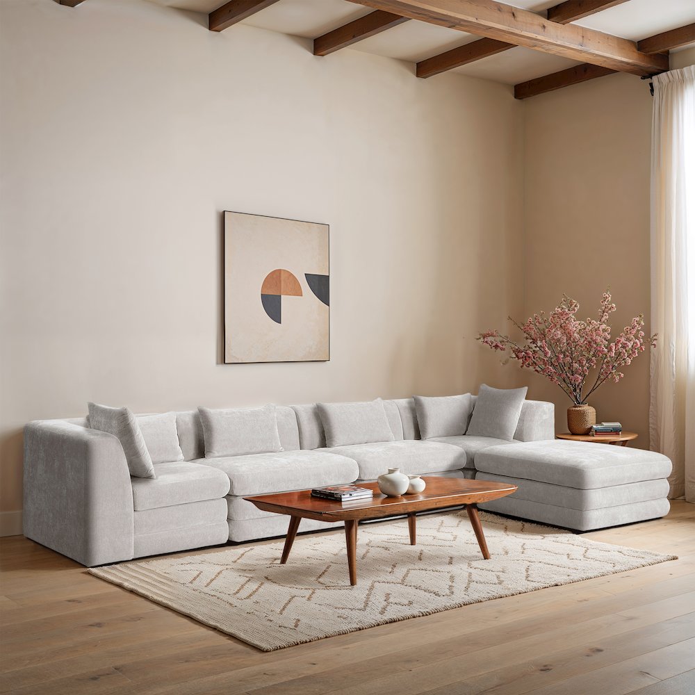 Stellar 152" Cream Chenille Fabric Upholstered 5Pc. Modular Sectional