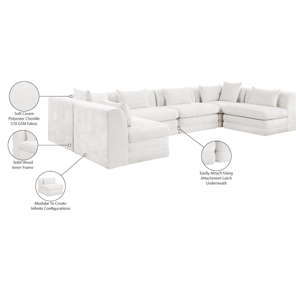 Stellar 152" Cream Chenille Fabric Upholstered 6Pc. Modular Sectional
