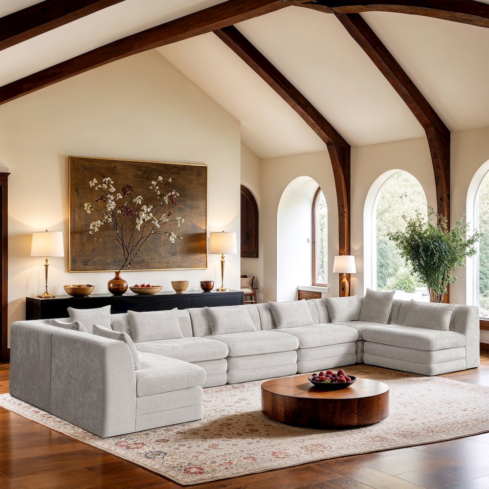 Stellar 190" Cream Chenille Fabric Upholstered 7Pc. Modular Sectional