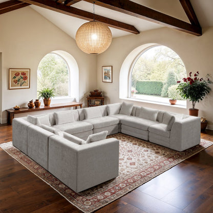 Stellar 152" Cream Chenille Fabric Upholstered 8Pc. Modular Sectional