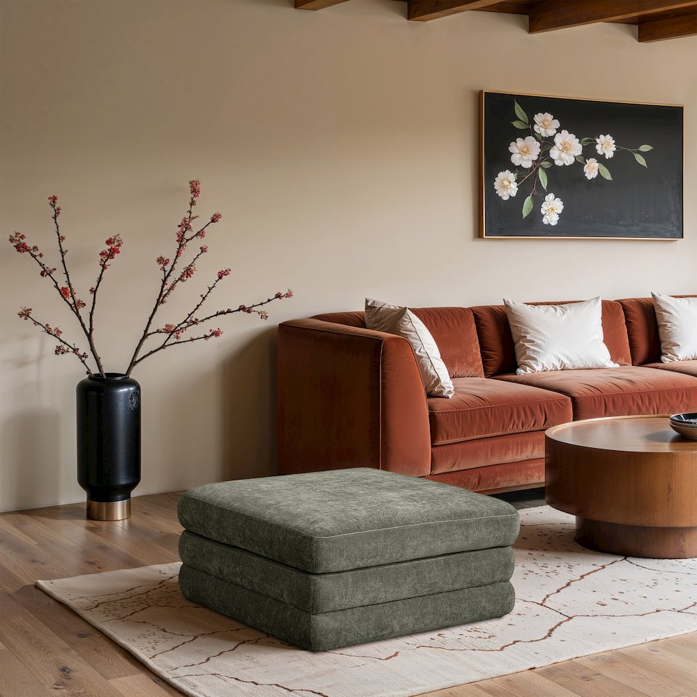 Stellar Green Chenille Fabric Upholstered Modular Ottoman