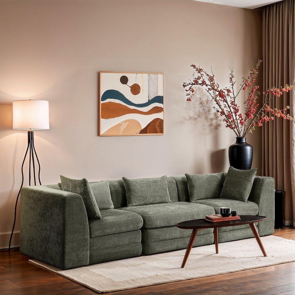 Stellar 114" Green Chenille Fabric Upholstered 3pc. Modular Sofa