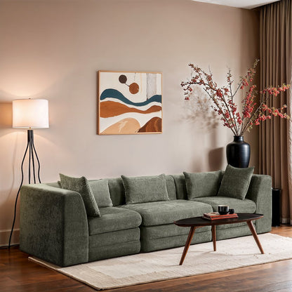 Stellar 114" Green Chenille Fabric Upholstered 3pc. Modular Sofa