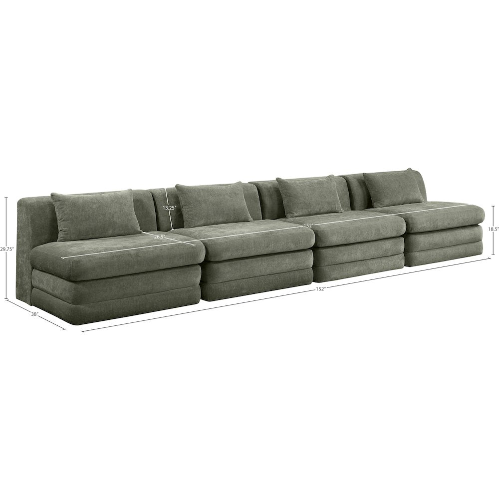 Stellar 152" Green Chenille Fabric Upholstered 4pc. Modular Sofa