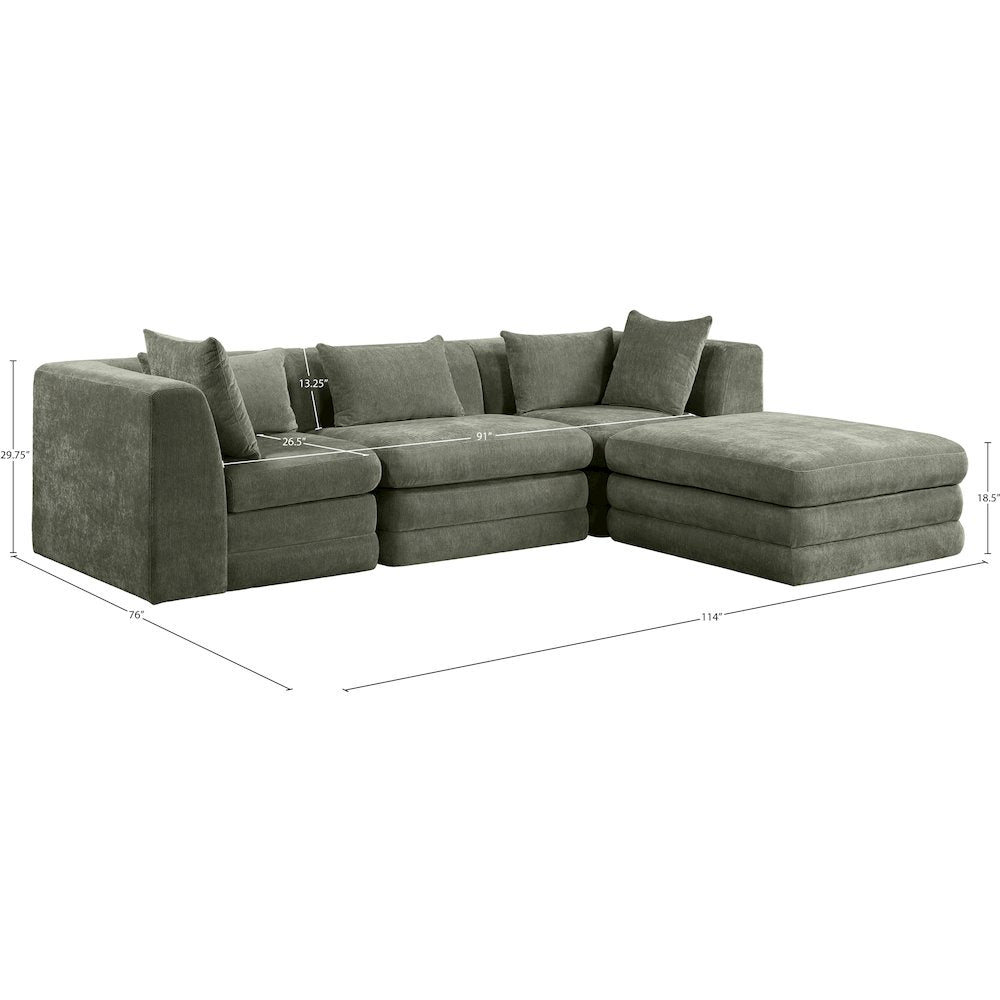 Stellar 114" Green Chenille Fabric Upholstered 4Pc. Modular Sectional