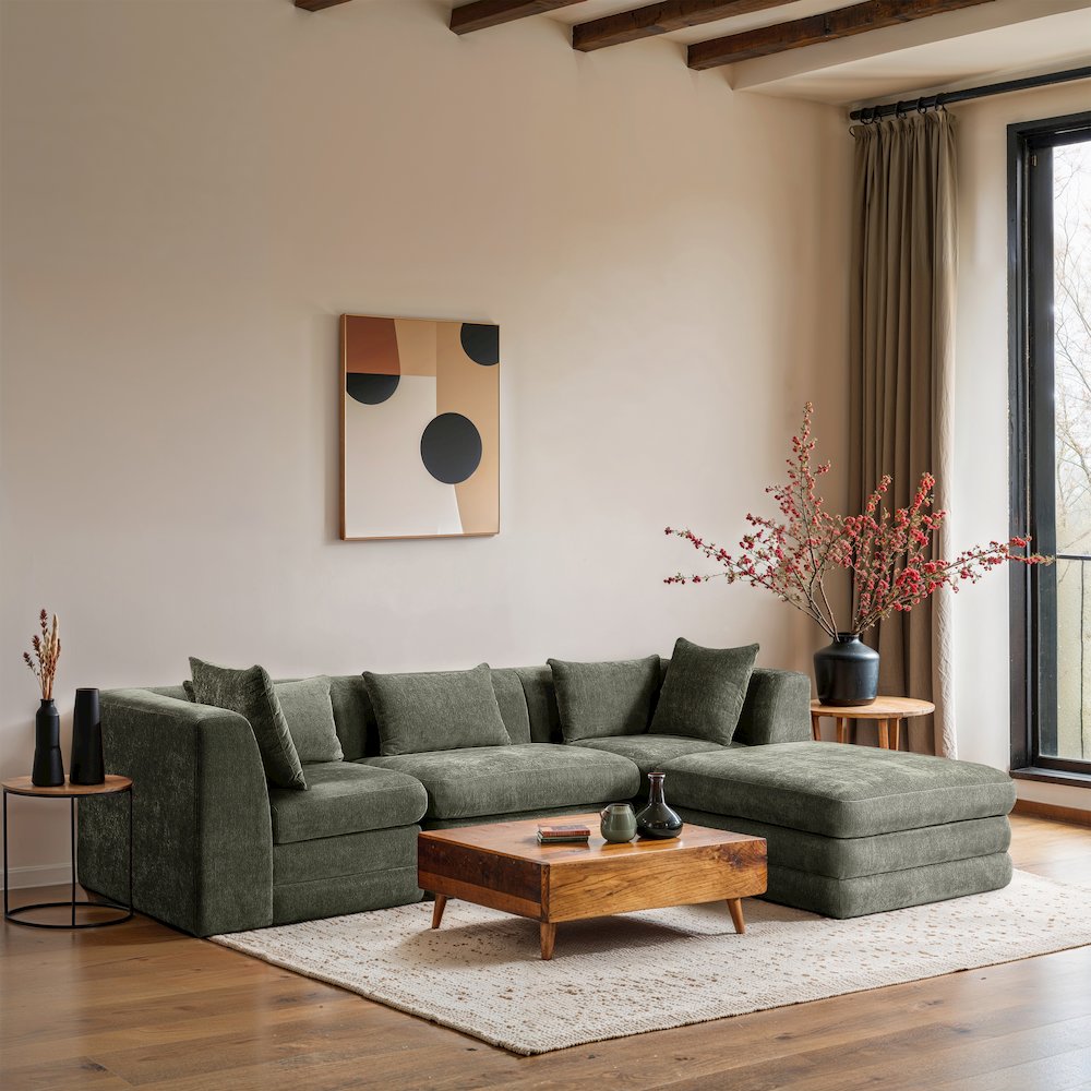 Stellar 114" Green Chenille Fabric Upholstered 4Pc. Modular Sectional