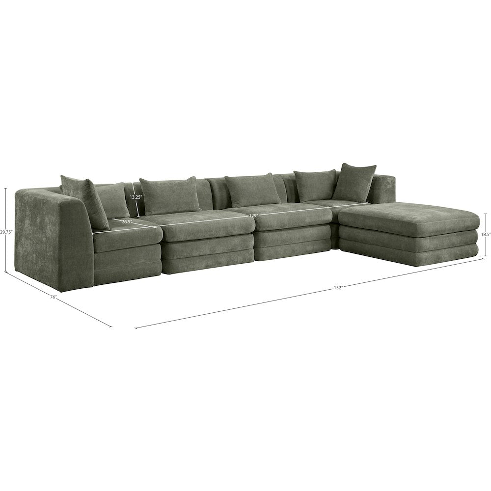 Stellar 152" Green Chenille Fabric Upholstered 5Pc. Modular Sectional