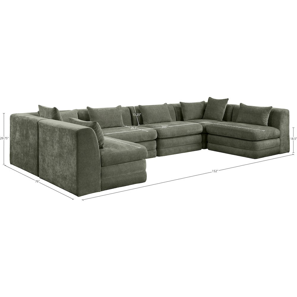 Stellar 152" Green Chenille Fabric Upholstered 6Pc. Modular Sectional