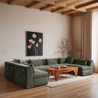 Stellar 152" Green Chenille Fabric Upholstered 6Pc. Modular Sectional