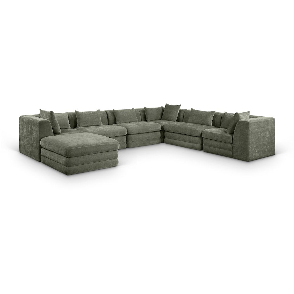 Stellar 152" Green Chenille Fabric Upholstered 7Pc. Modular Sectional