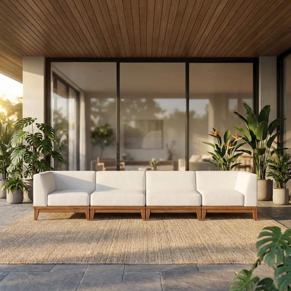 Contemporary White Fabric Outdoor Modular Sofa For Patio With Acacia Wood Finish