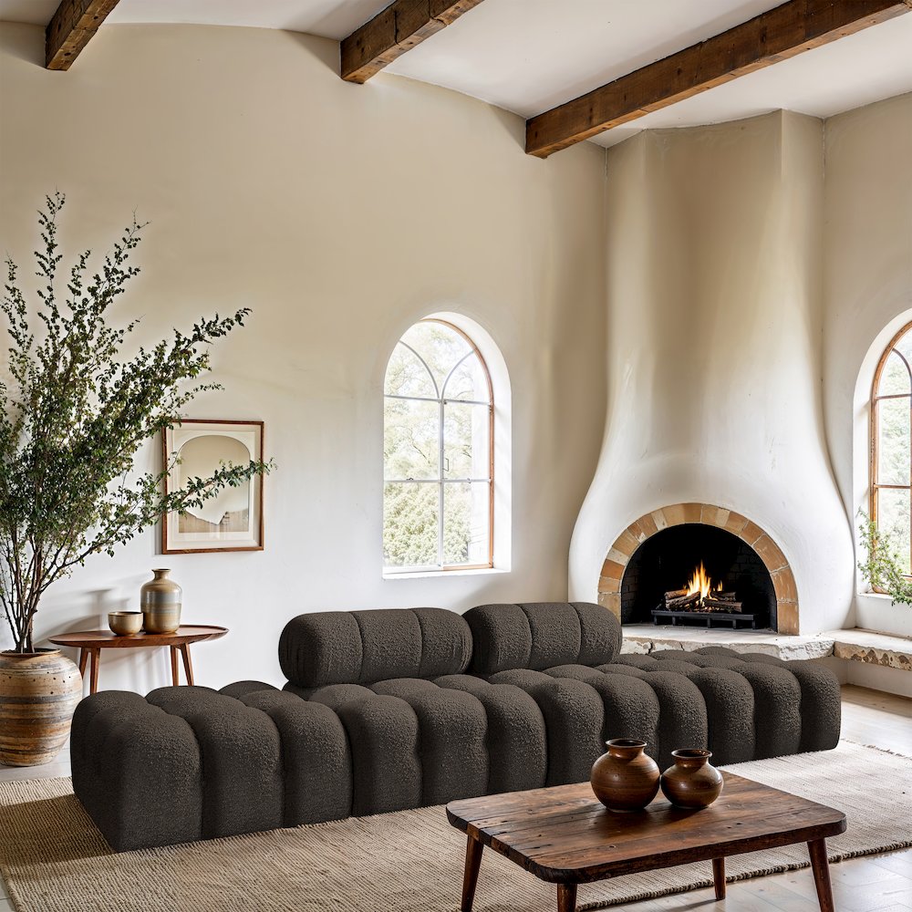 Ames 136" Brown Boucle Fabric Upholstered 4pc. Modular Sofa