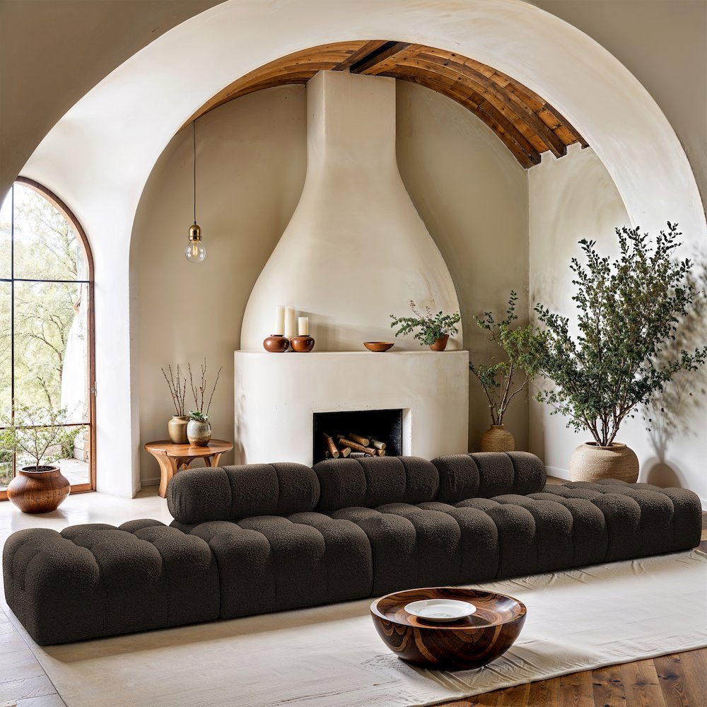 Ames 170" Brown Boucle Fabric Upholstered 5pc. Modular Sofa