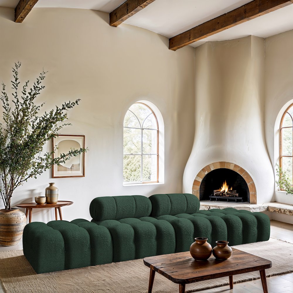 Ames 136" Green Boucle Fabric Upholstered 4pc. Modular Sofa