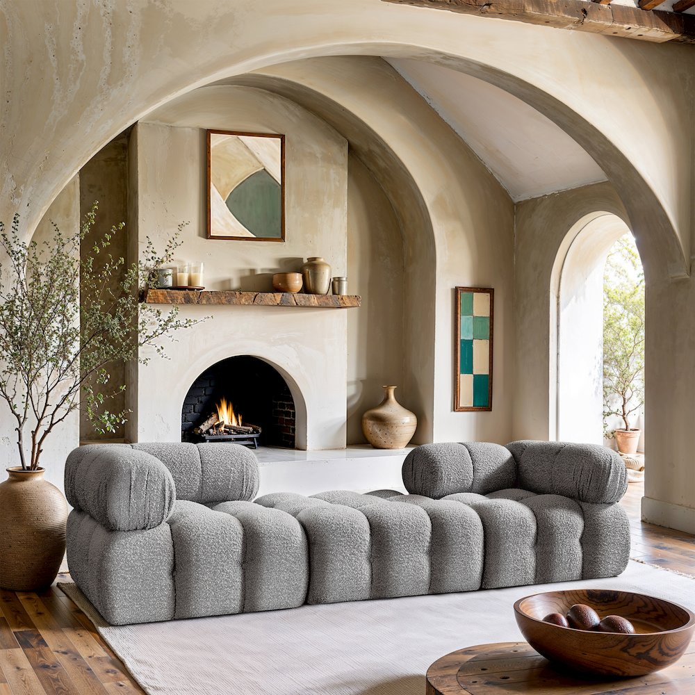 Ames 102" Grey Boucle Fabric Upholstered 3pc. Modular Sofa