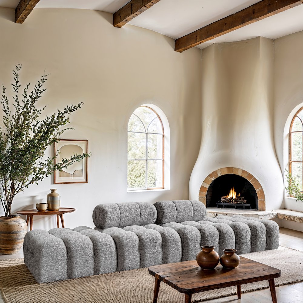 Ames 136" Grey Boucle Fabric Upholstered 4pc. Modular Sofa