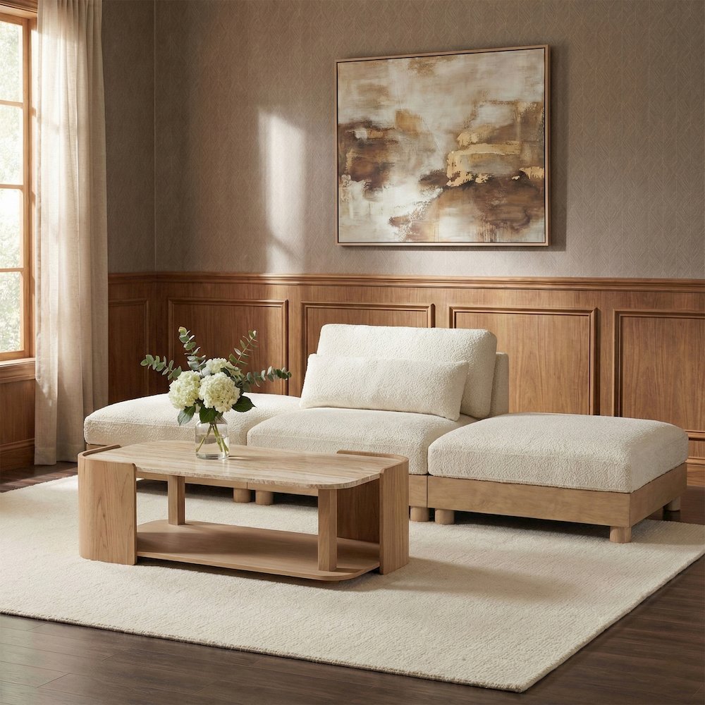 Turin 120" Cream Chenille Fabric Upholstered 3pc. Modular Sofa