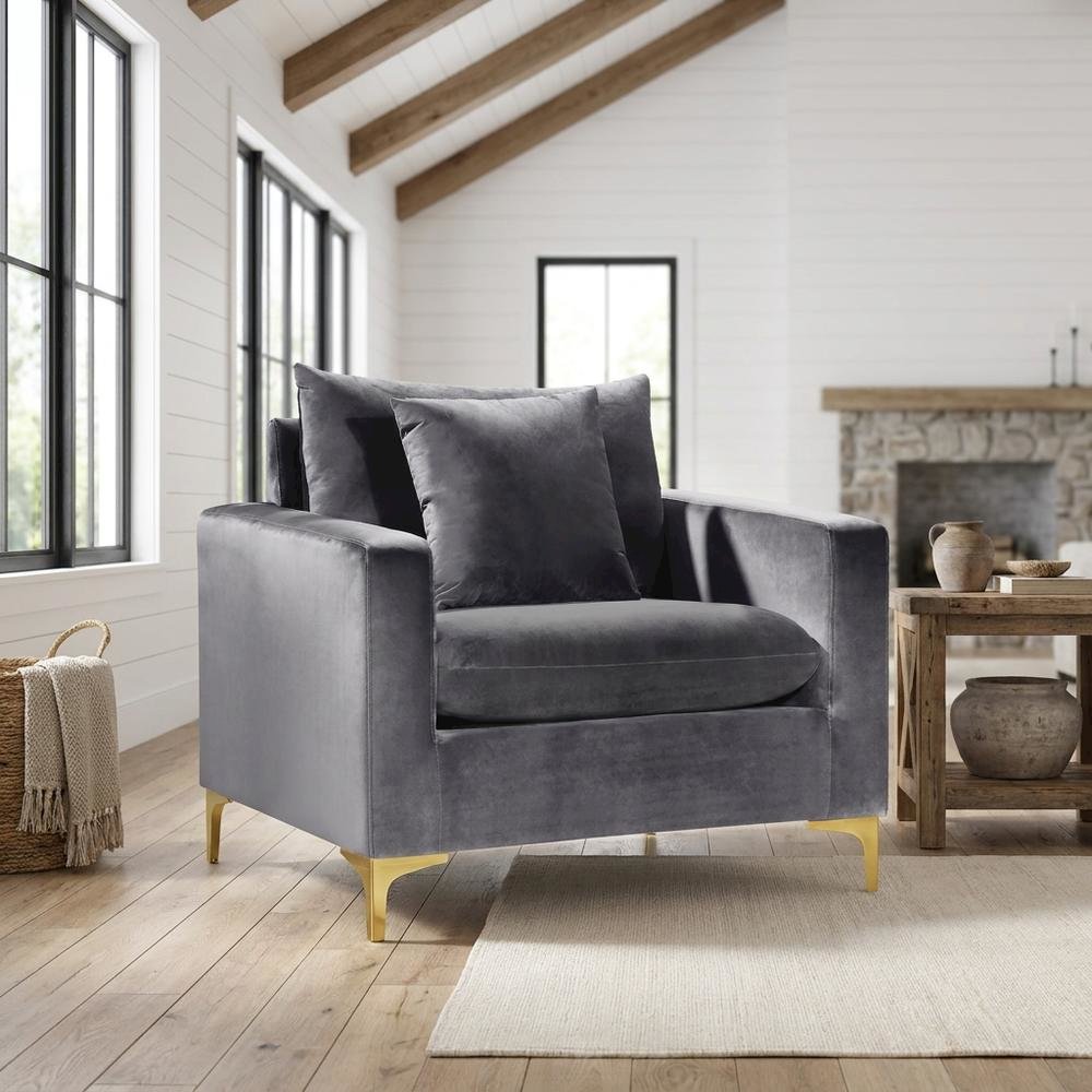 Velvet Accent Chair with Pillow, Comfy Armchair, Grey Velvet