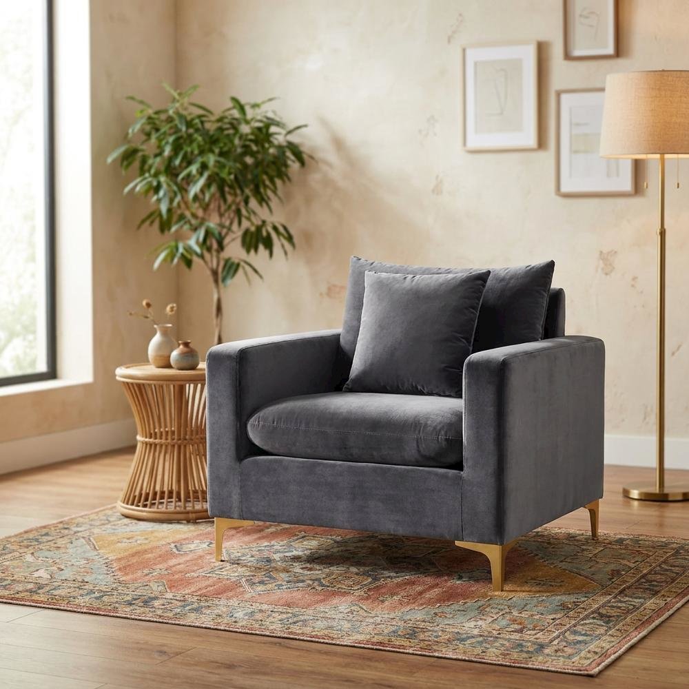 Velvet Accent Chair with Pillow, Comfy Armchair, Grey Velvet