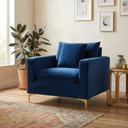 Velvet Accent Chair with Pillow, Comfy Armchair, Navy Velvet