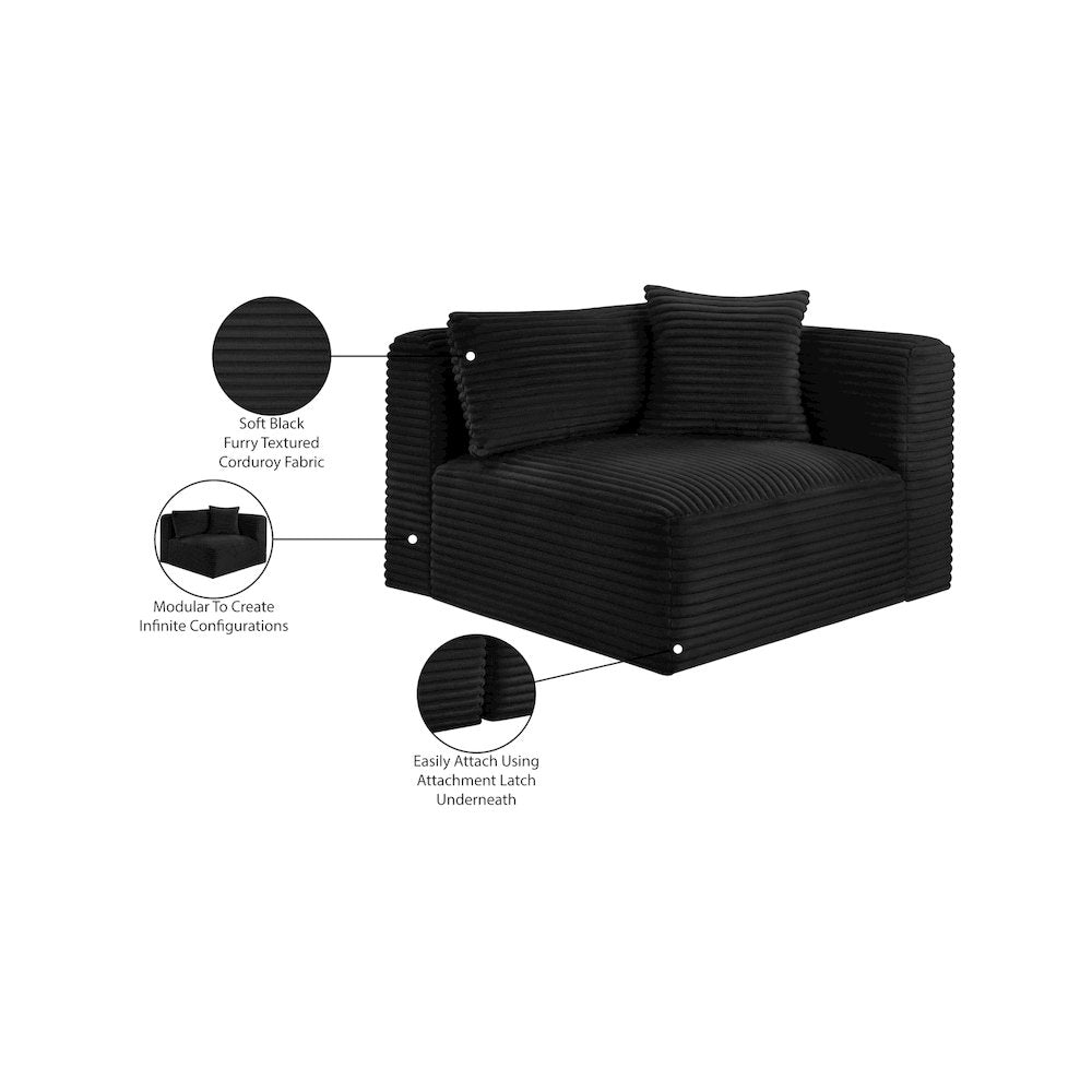 Shaggy Black Corduroy Performance Fabric Corner Chair