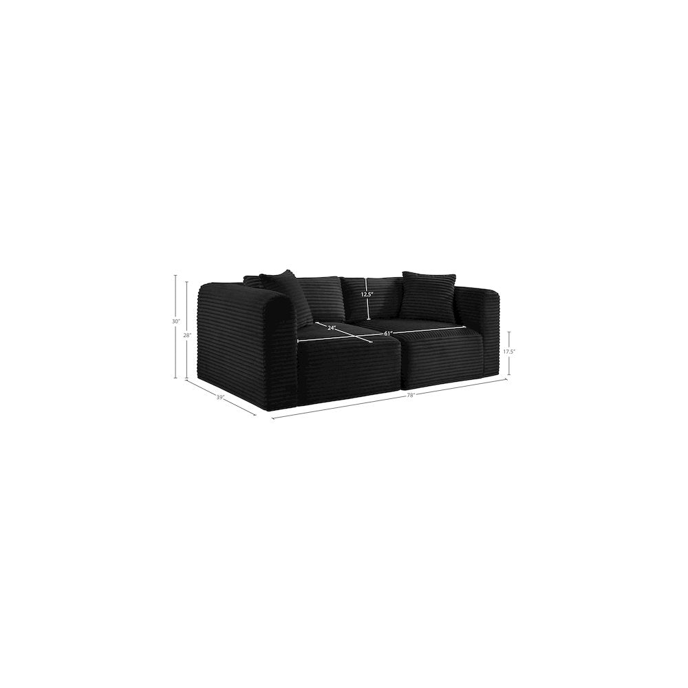 Shaggy Black Corduroy Performance Fabric Modular Sofa