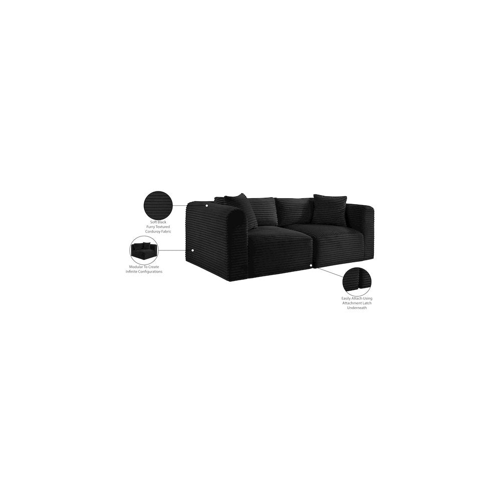 Shaggy Black Corduroy Performance Fabric Modular Sofa