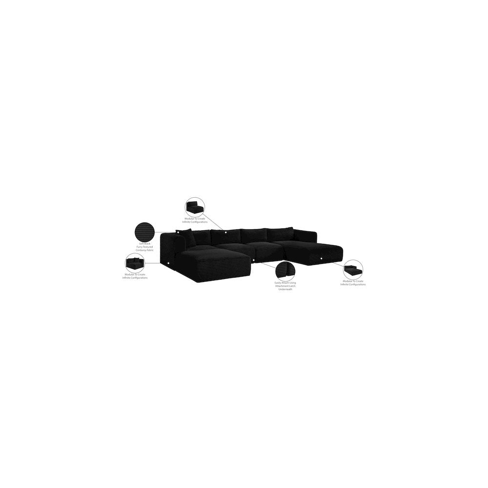 Shaggy Black Corduroy Performance Fabric Modular Sectional