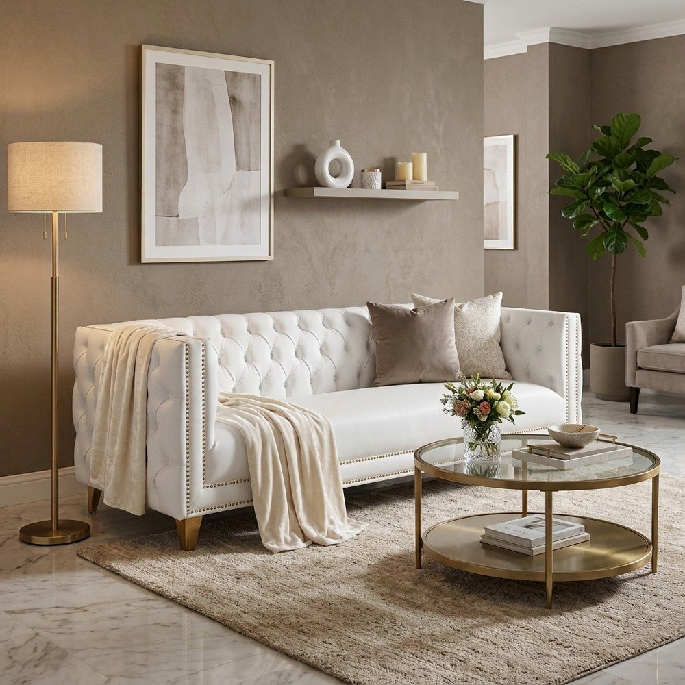 Vegan Leather Sofa Couch with Iron Frame for Living Room, White Vegan Leather