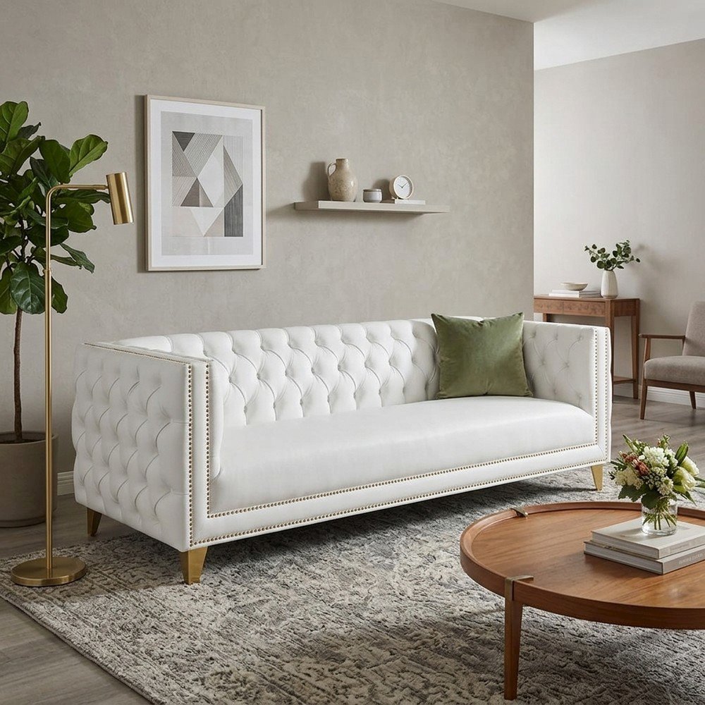 Vegan Leather Sofa Couch with Iron Frame for Living Room, White Vegan Leather