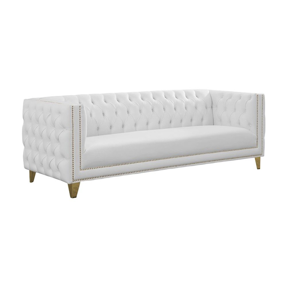 Vegan Leather Sofa Couch with Iron Frame for Living Room, White Vegan Leather