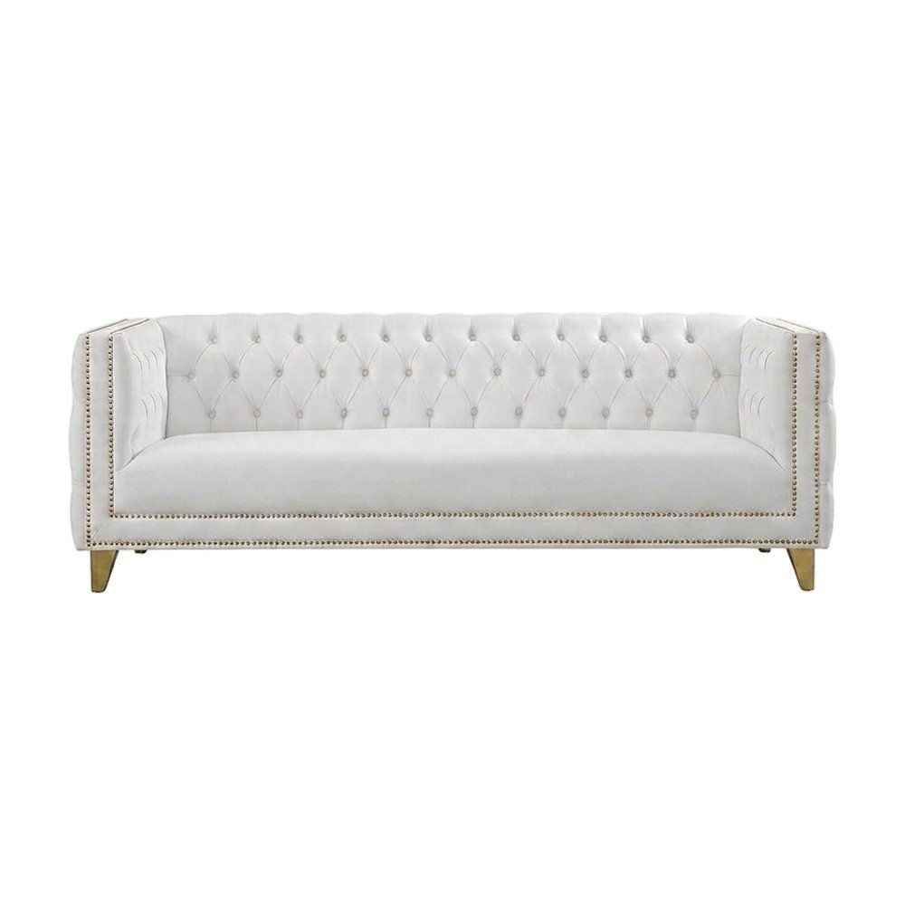 Vegan Leather Sofa Couch with Iron Frame for Living Room, White Vegan Leather