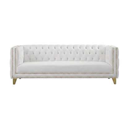 Vegan Leather Sofa Couch with Iron Frame for Living Room, White Vegan Leather